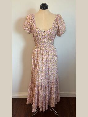 LoveShackFancy Angie Midi/Maxi Dress, Pink Yellow Purple Floral, Puff, Ruffle, 0